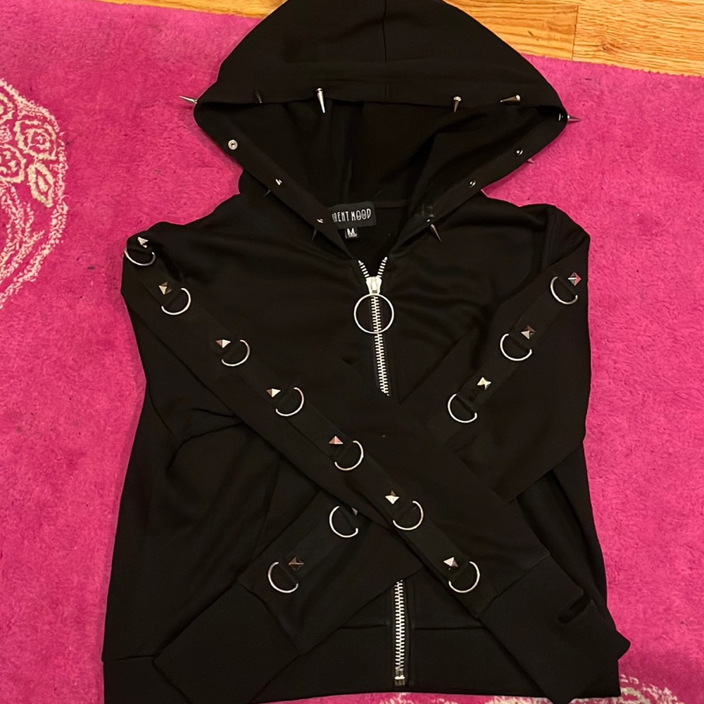 Current mood black goth spiked hood studded d ring zip up crop hoodie